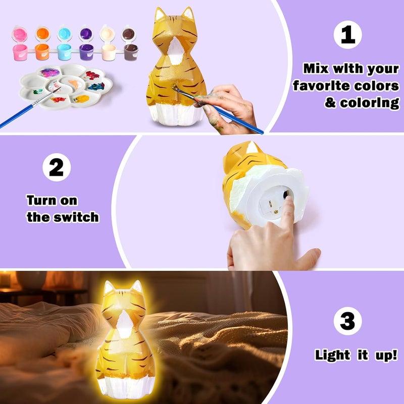 FUNZBO 2pcs Paint Your Own Cat Lamp - Arts and Crafts Supplies Kitten Painting Kits for Kids Teens, DIY Night Light Toy for Toddlers Girls Boys Ages 3 4 5 6 7 8 9 10 11 12 13 Christmas Birthday Gifts - Image 5